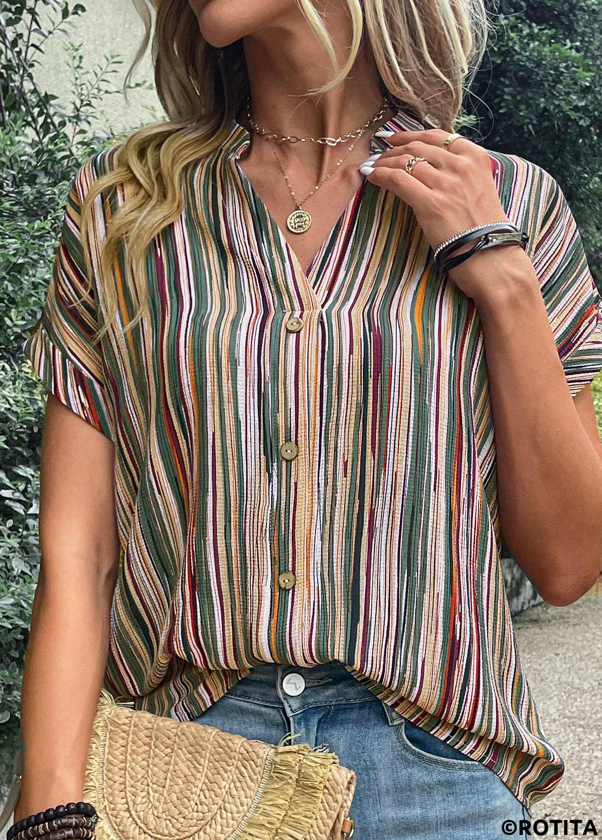 Button Striped Green V Neck Blouse