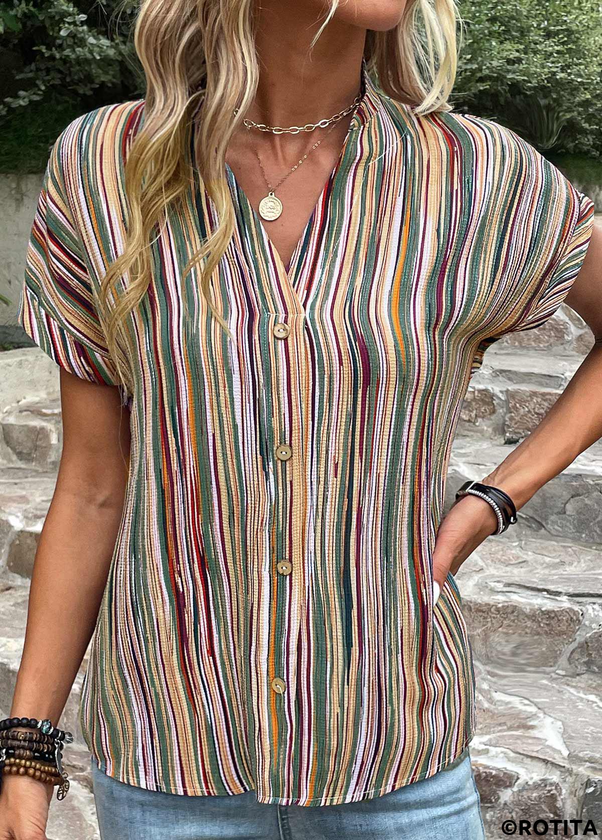 Button Striped Green V Neck Blouse
