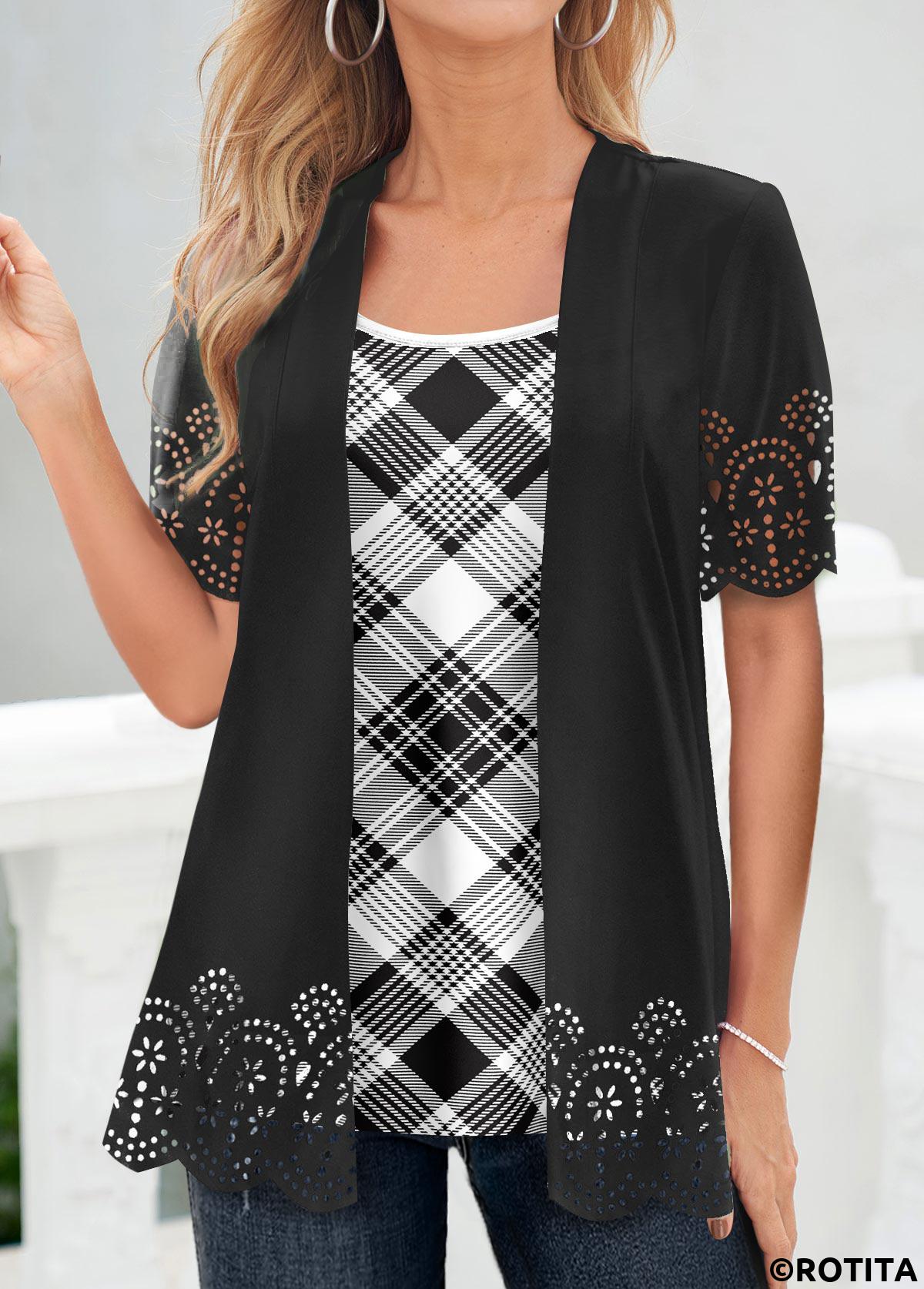Black tops,Plaid tops,Geometric tops,Striped tops,ROTITA Plaid Black Square Neck Fake Two Piece Twinset