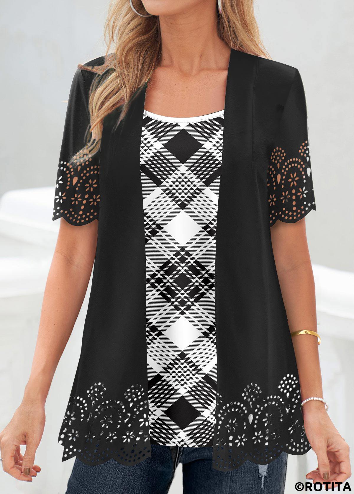 Black tops,Plaid tops,Geometric tops,Striped tops,ROTITA Plaid Black Square Neck Fake Two Piece Twinset