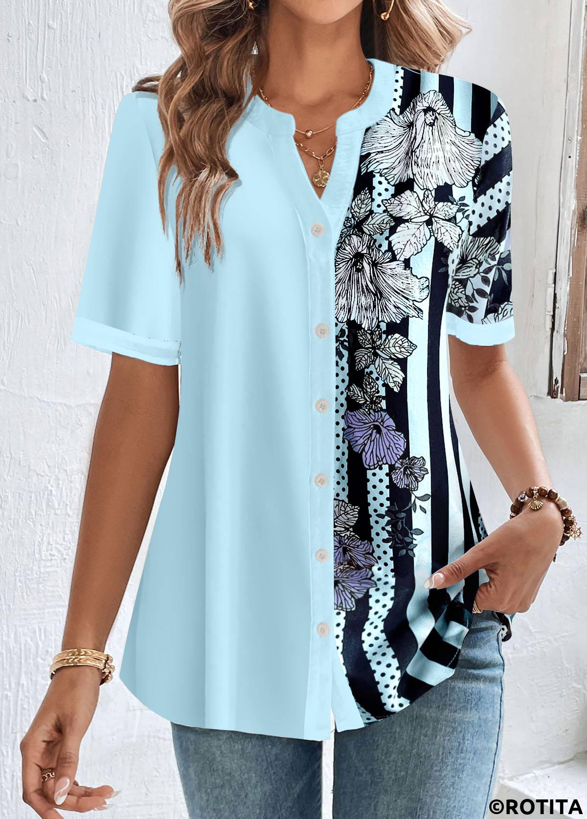 Light Blue tops,Striped tops,Floral tops,Plants tops,Geometric tops,ROTITA Plus Size Button Light Blue Striped Split Neck Shirt