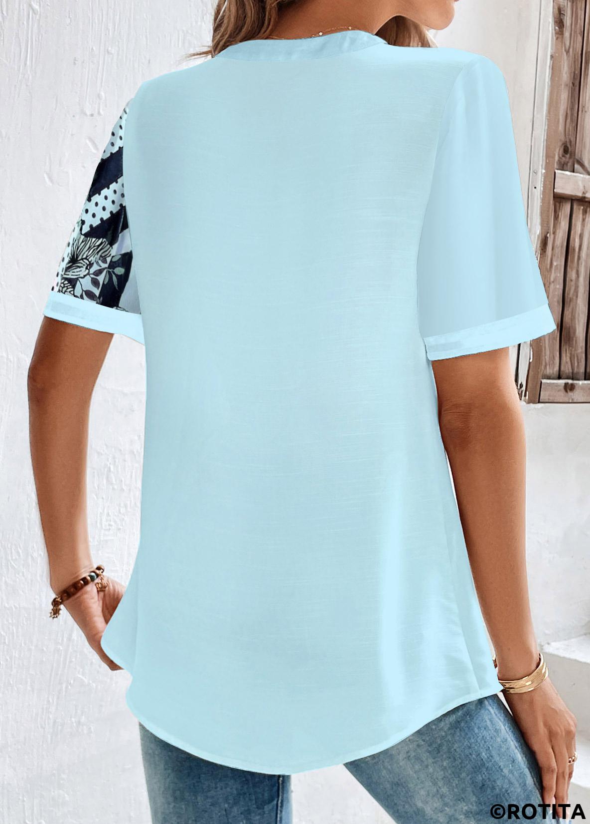 Light Blue tops,Striped tops,Floral tops,Plants tops,Geometric tops,ROTITA Plus Size Button Light Blue Striped Split Neck Shirt