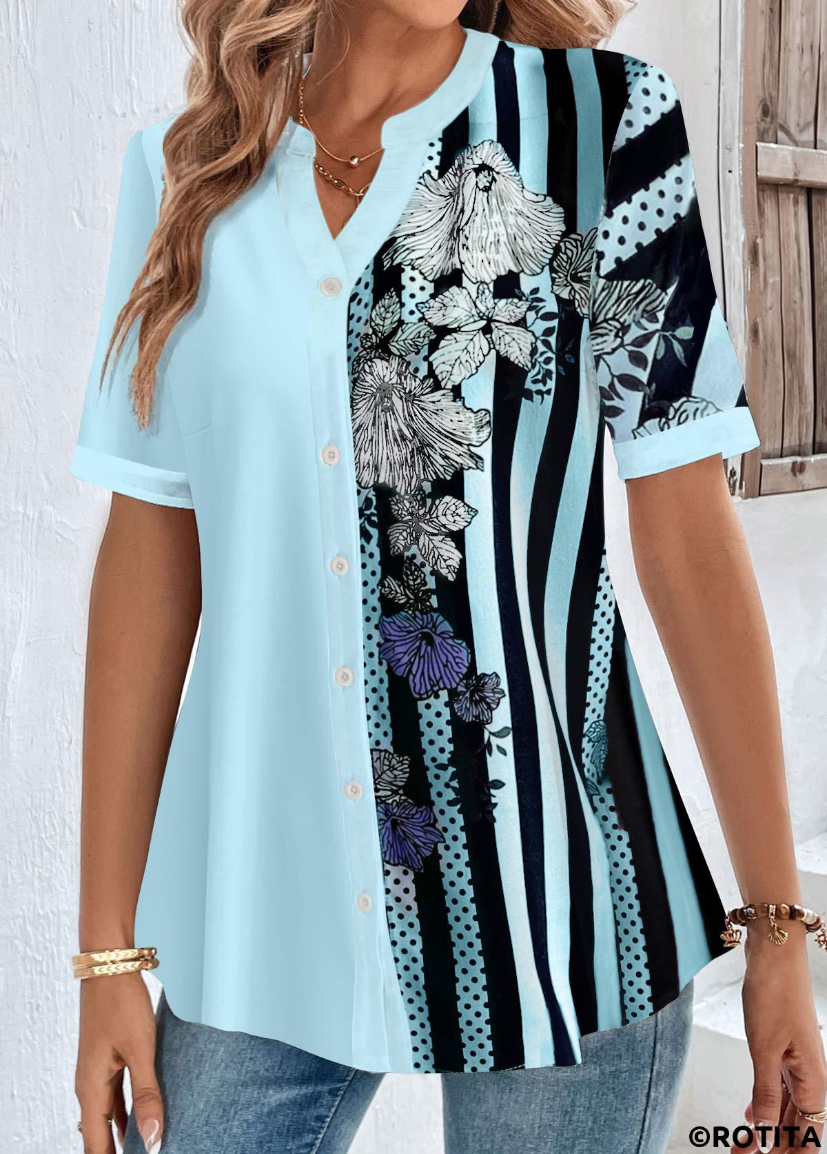 Light Blue tops,Striped tops,Floral tops,Plants tops,Geometric tops,ROTITA Plus Size Button Light Blue Striped Split Neck Shirt