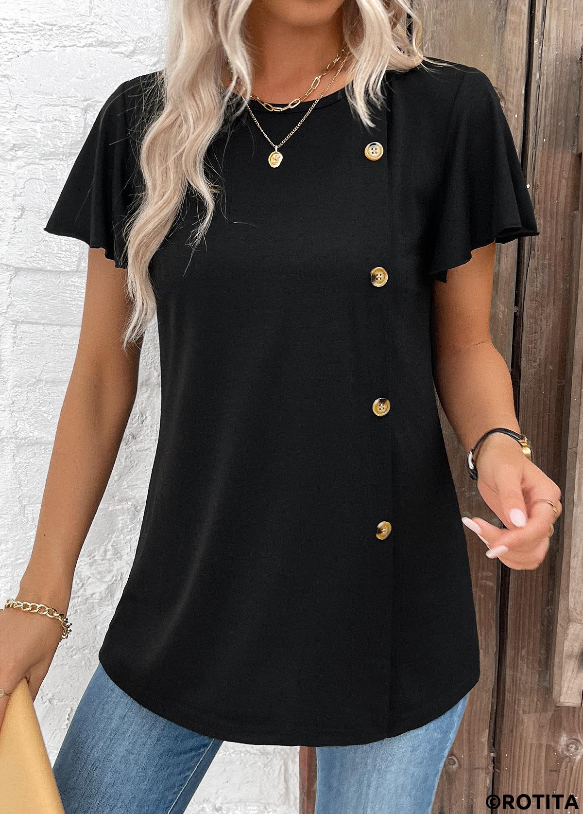 Black tops,Plain Color tops,ROTITA Button Black Round Neck Short Sleeve T Shirt
