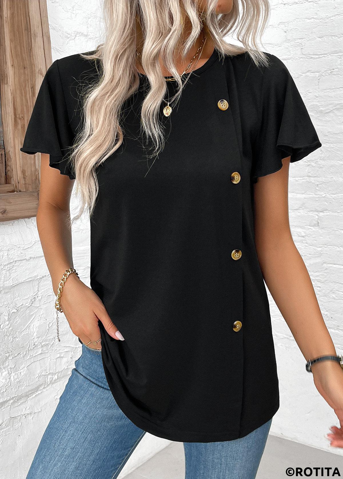 Black tops,Plain Color tops,ROTITA Button Black Round Neck Short Sleeve T Shirt