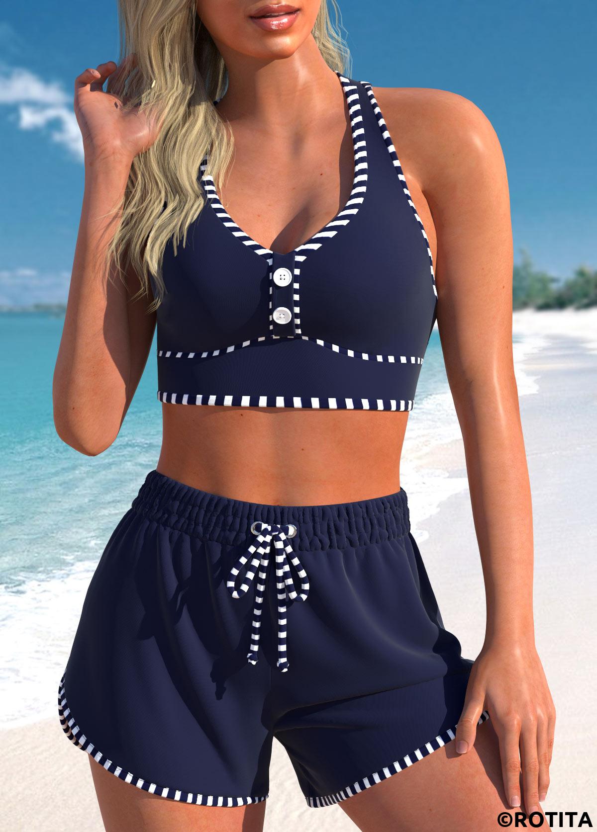 Navy swimwear,Striped swimwear,Geometric swimwear,ROTITA Criss Cross Navy Striped High Waisted Bikini Set