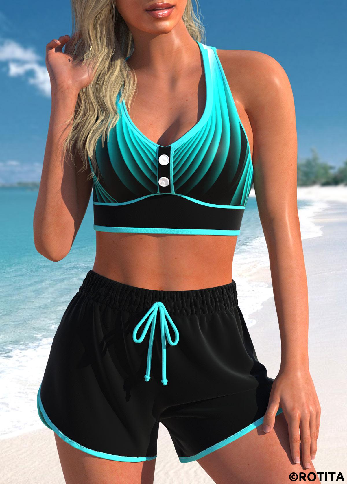Cyan swimwear,Black swimwear,Ombre swimwear,Striped swimwear,ROTITA Criss Cross Cyan Ombre High Waisted Bikini Set