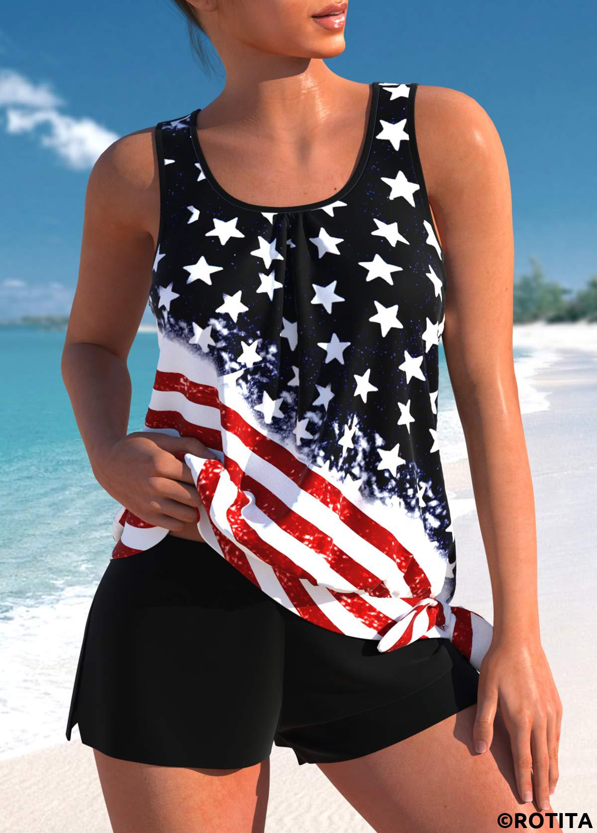 Black swimwear,Flag swimwear,ROTITA Bowknot Black American Flag Print Tankini Set