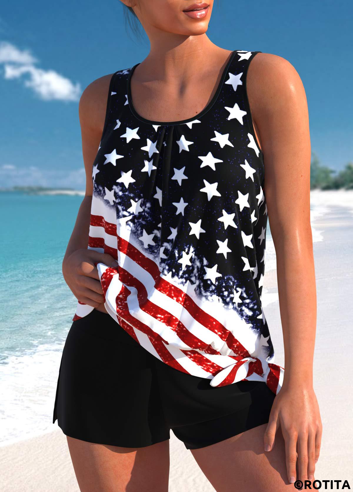 Black swimwear,Flag swimwear,ROTITA Bowknot Black American Flag Print Tankini Set