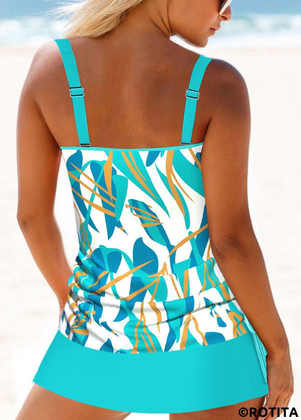 Light Blue swimwear,Geometric swimwear,Striped swimwear,ROTITA Circular Ring Light Blue Geometric Print Tankini Set