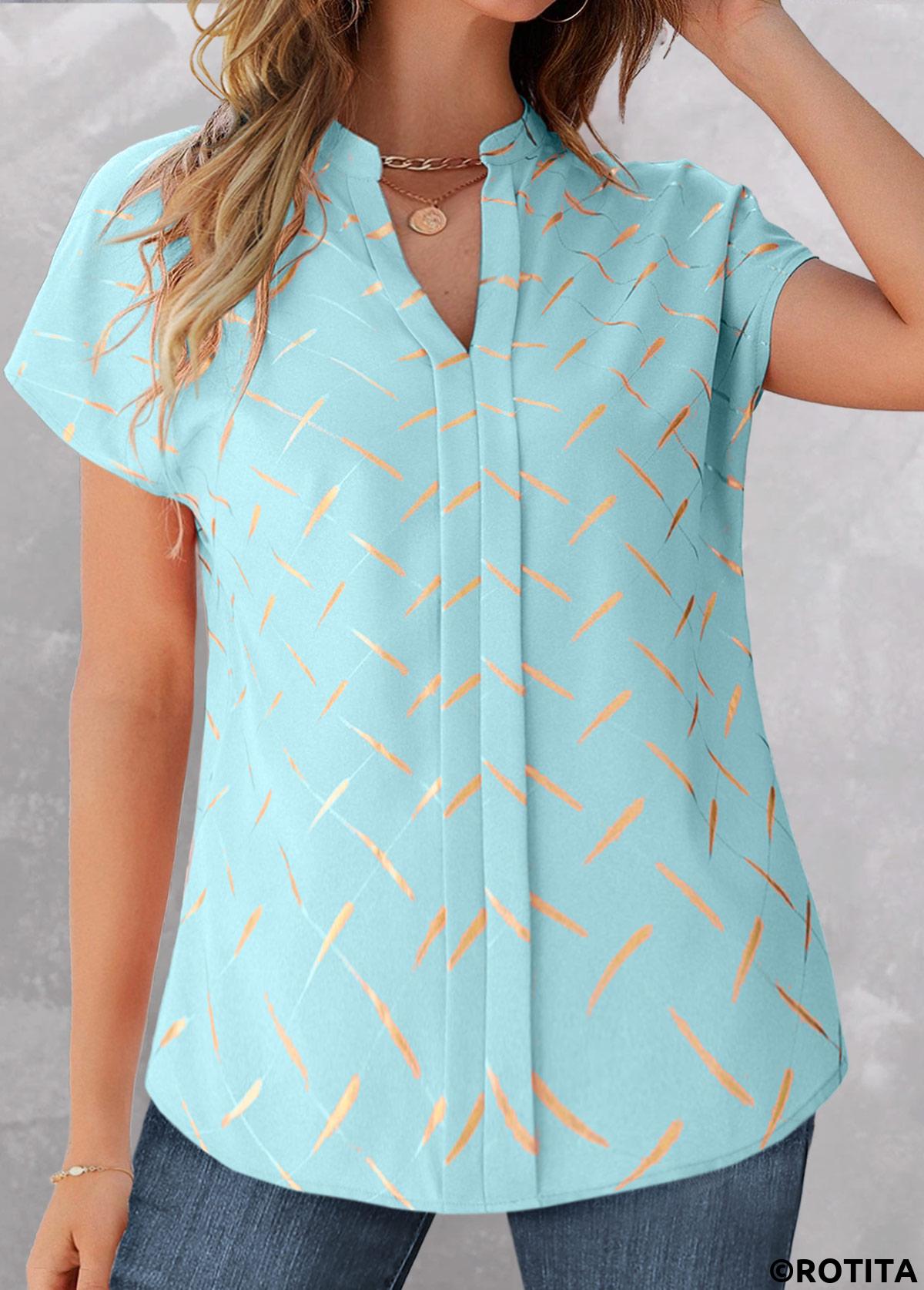 Light Blue tops,Striped tops,Geometric tops,ROTITA Split Striped Light Blue Short Sleeve Blouse