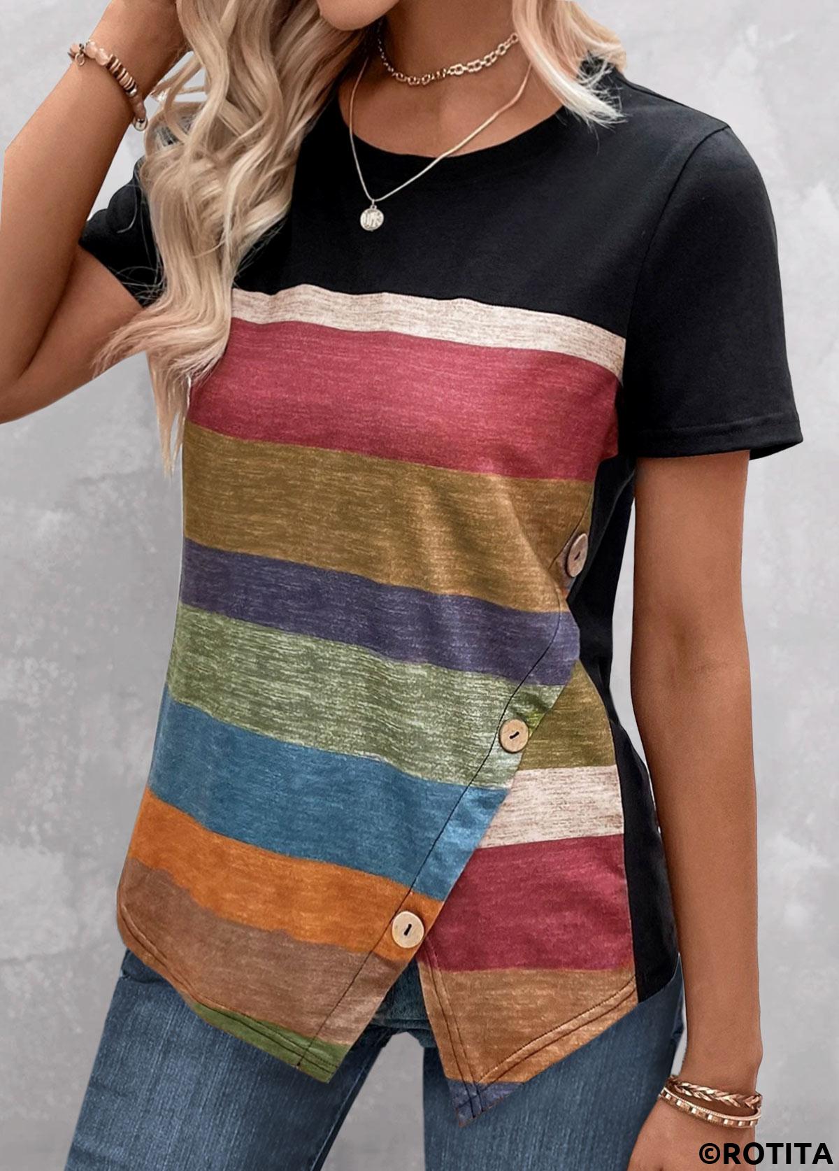 Black plus size,Striped plus size,Geometric plus size,ROTITA Plus Size Patchwork Multi Color Striped T Shirt
