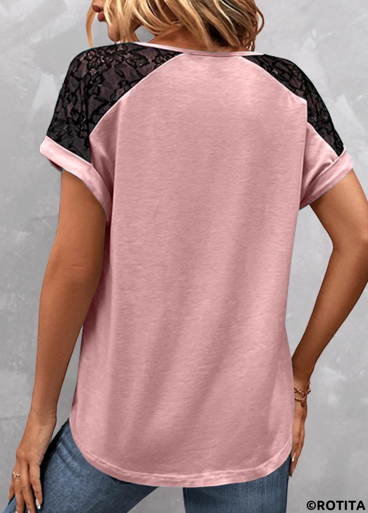 Rotita Patchwork-T-Shirt in Rosa mit V-Ausschnitt und kurzen Ärmeln