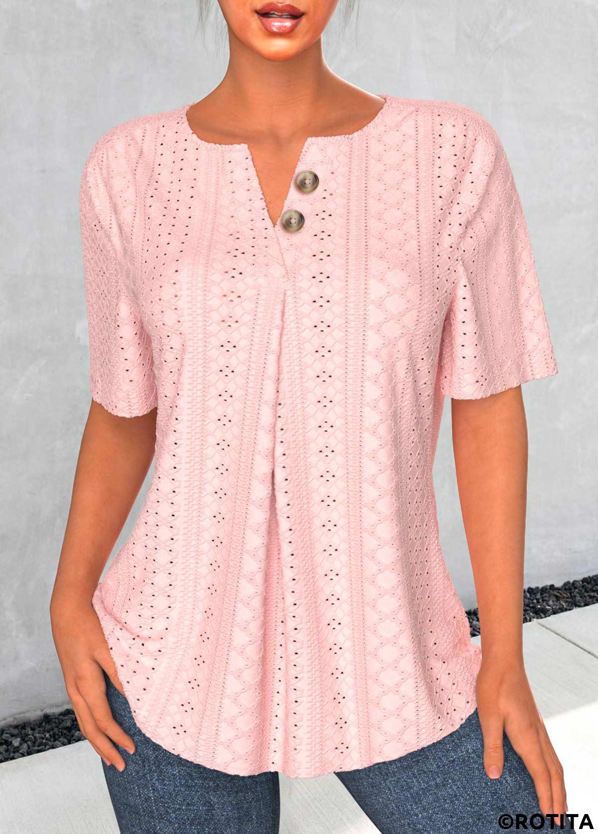 Light Pink tops,Plain Color tops,ROTITA Button Light Pink Split Neck Short Sleeve Blouse