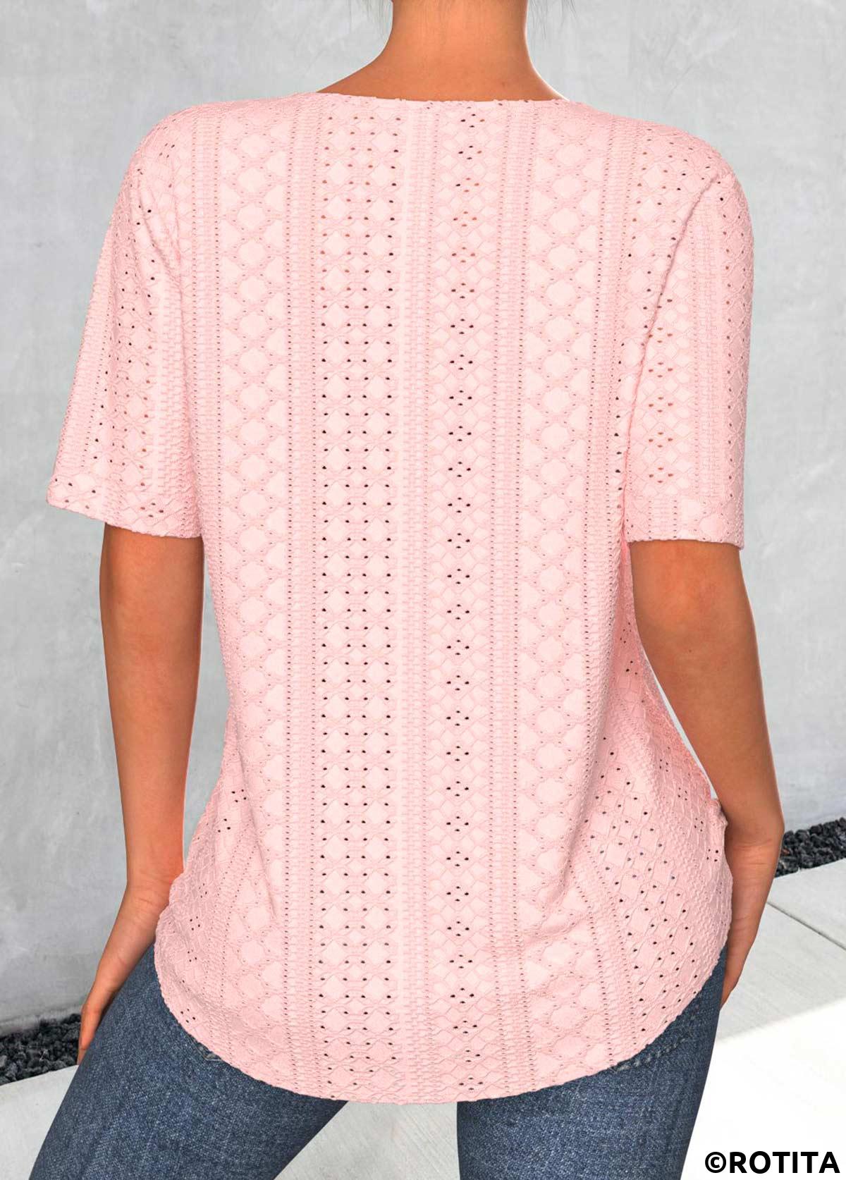 Light Pink tops,Plain Color tops,ROTITA Button Light Pink Split Neck Short Sleeve Blouse