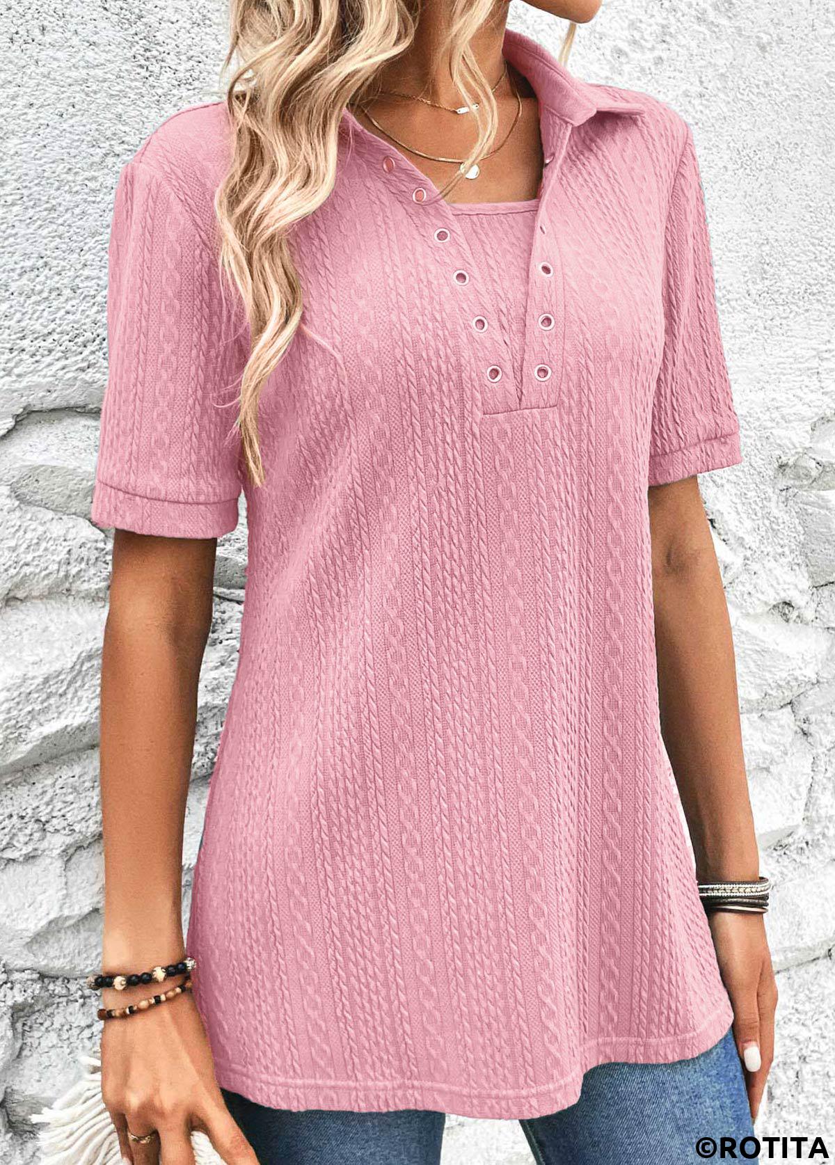 Pink tops,Plain Color tops,ROTITA Eyelet Pink Short Sleeve T Shirt