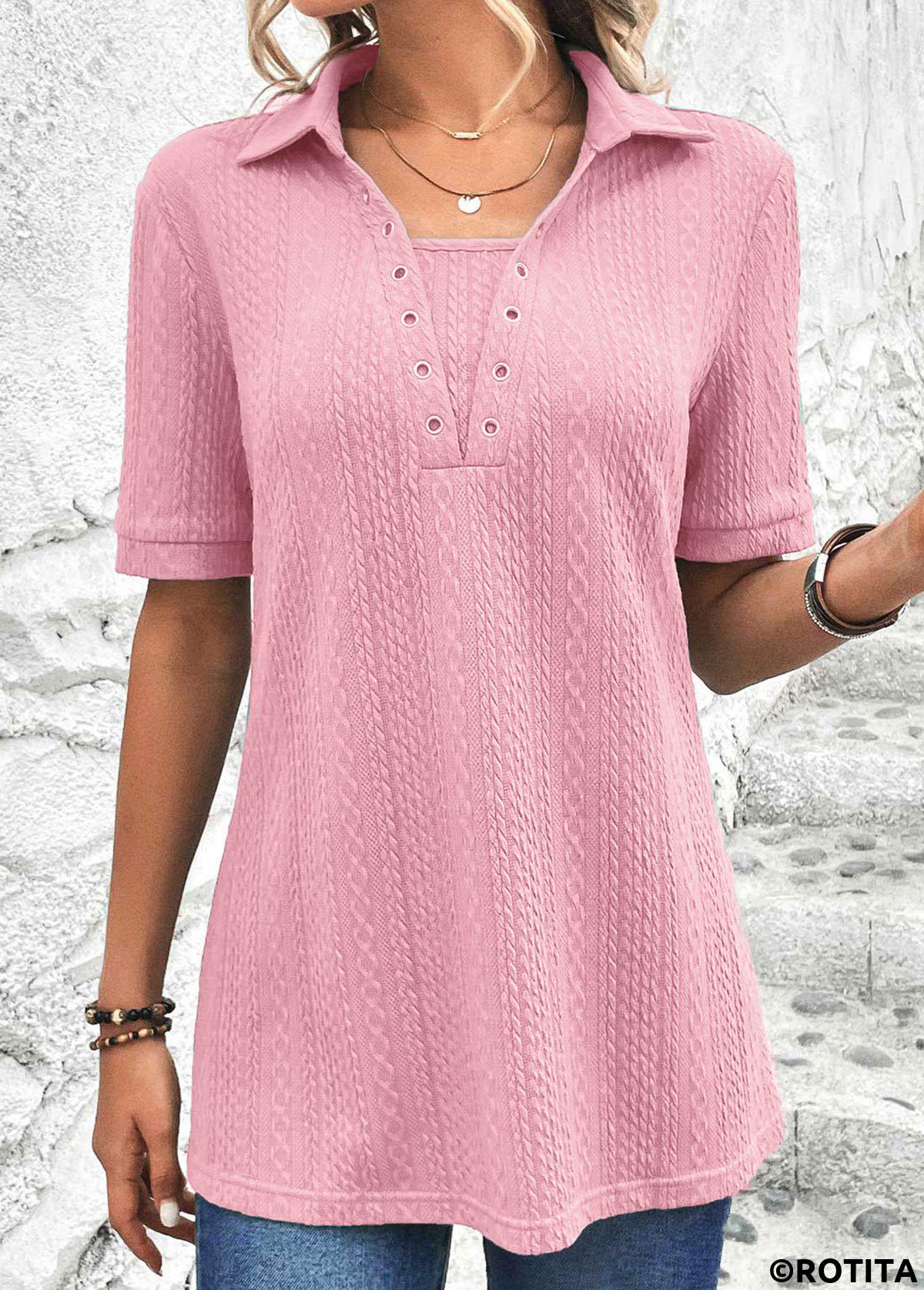 Pink tops,Plain Color tops,ROTITA Eyelet Pink Short Sleeve T Shirt