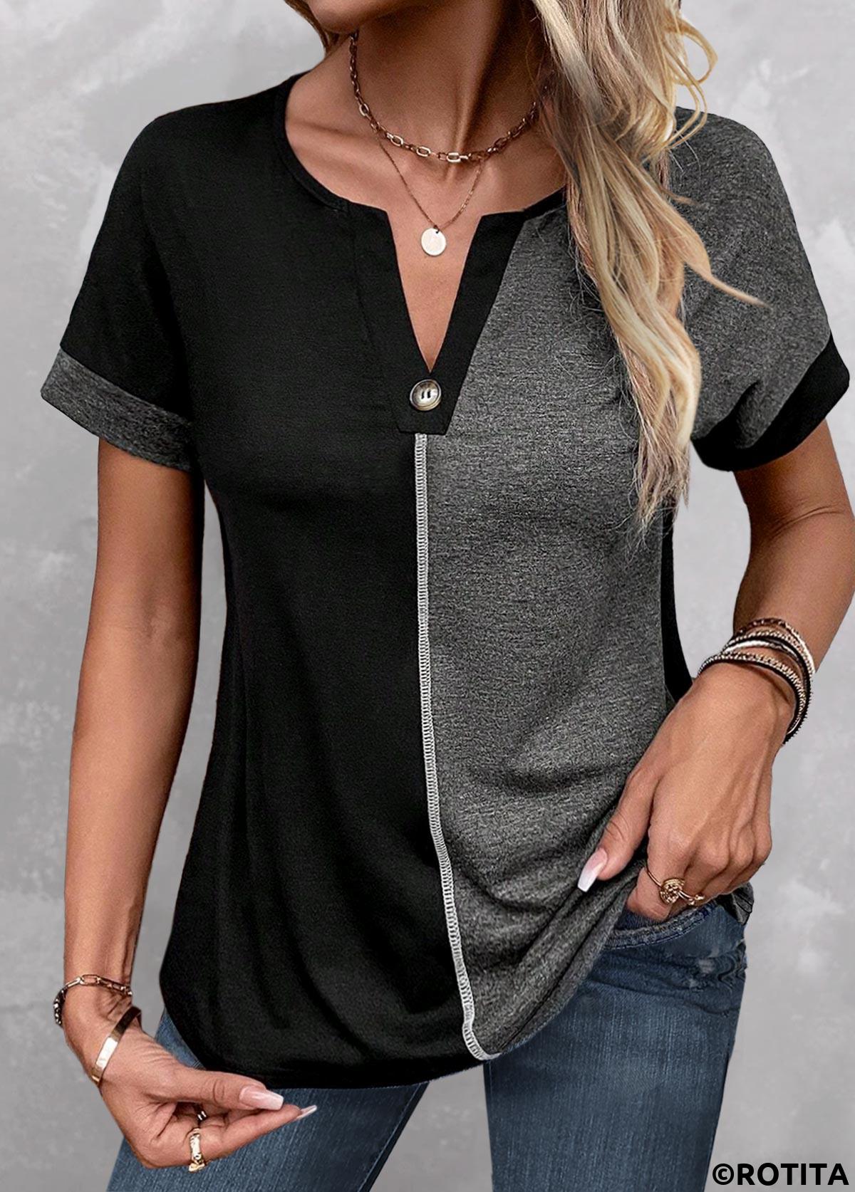 Dark Grey Marl tops,Black tops,Contrast Color tops,ROTITA Button Dark Grey Marl Split Neck T Shirt