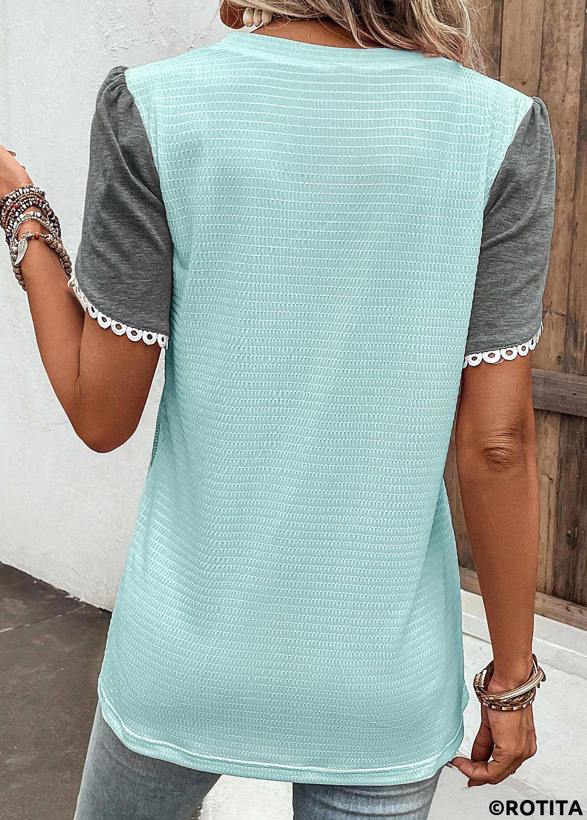 Light Blue tops,Grey tops,Contrast Color tops,ROTITA Patchwork Light Blue Round Neck T Shirt