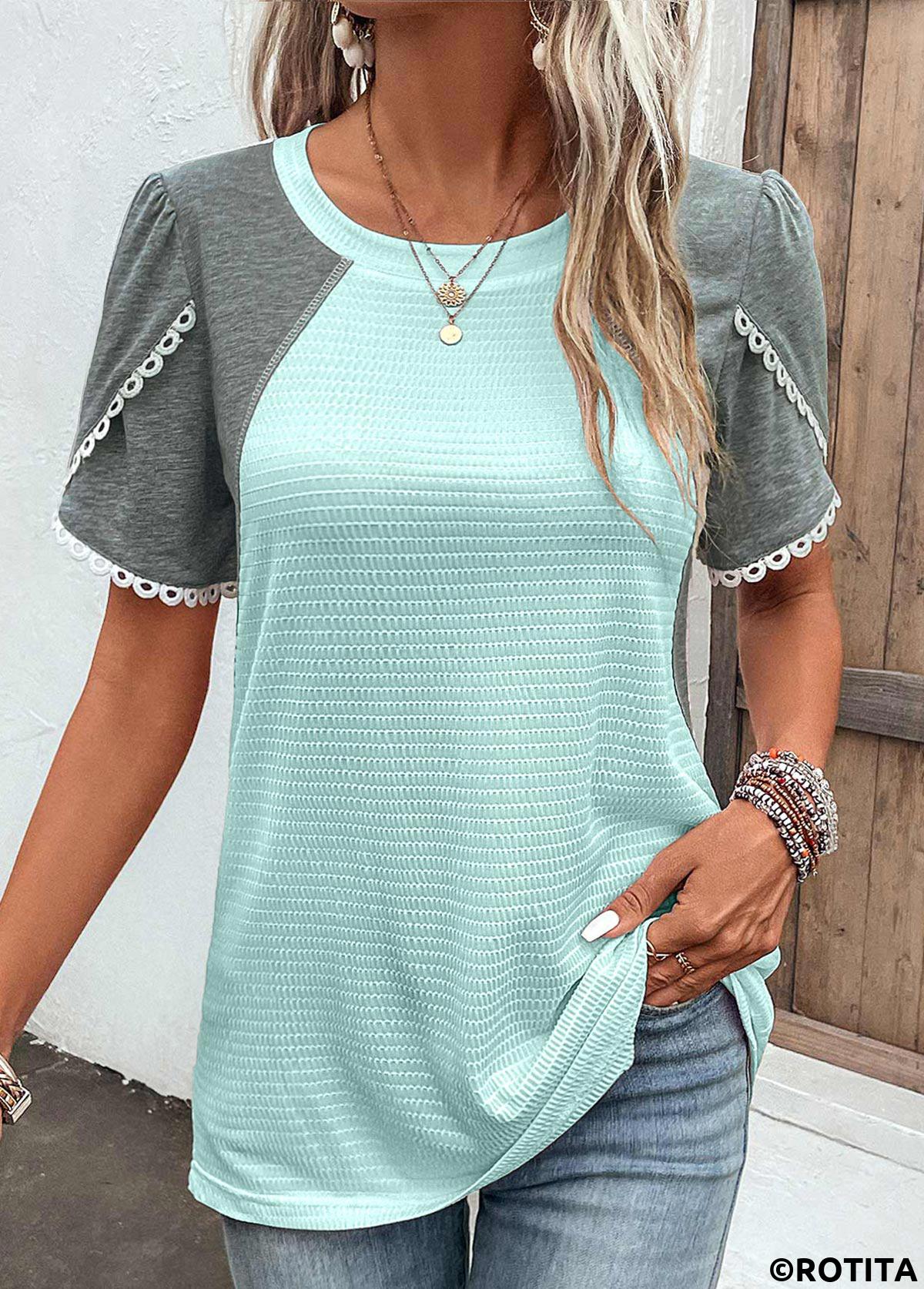 Light Blue tops,Grey tops,Contrast Color tops,ROTITA Patchwork Light Blue Round Neck T Shirt