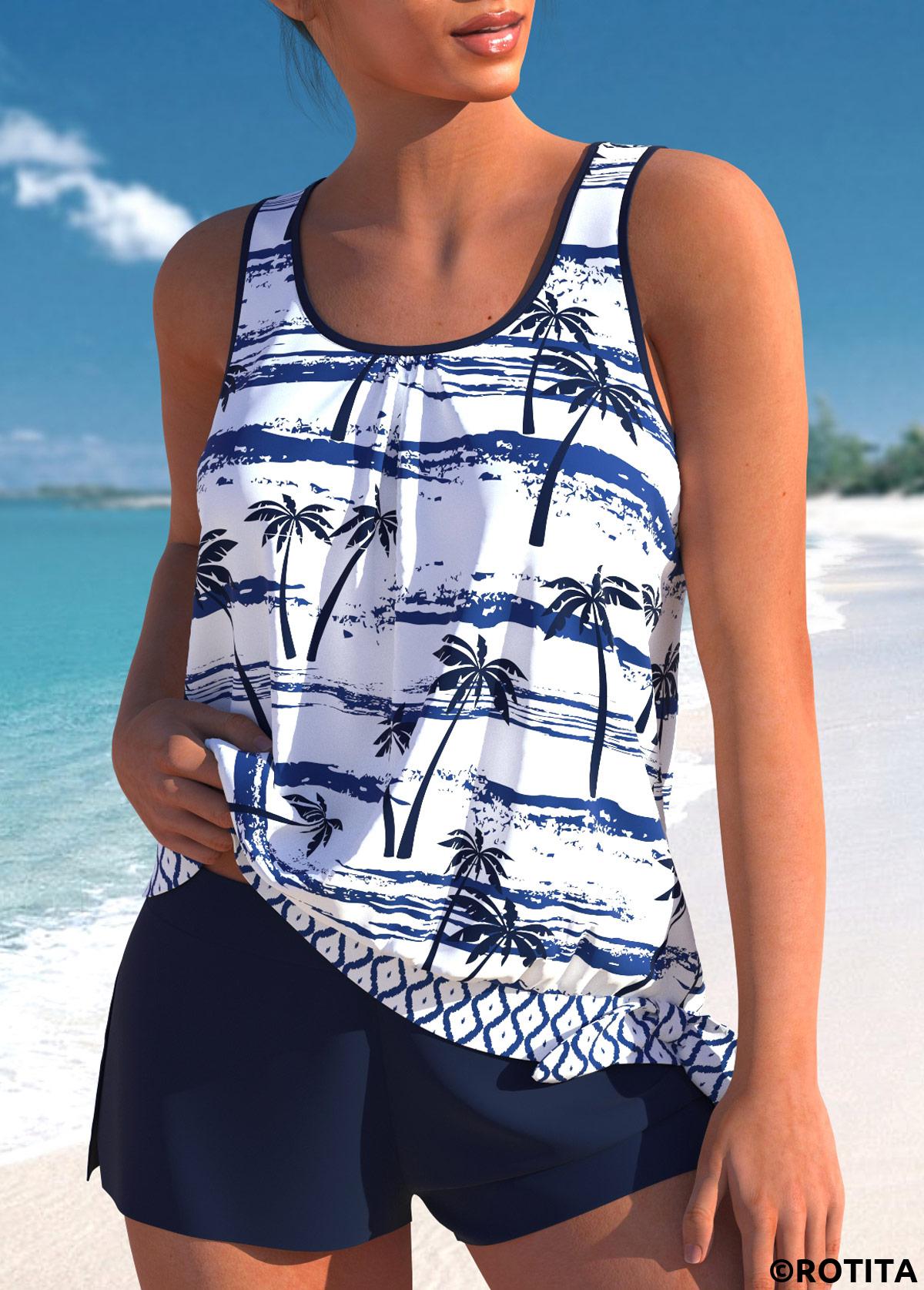 Navy swimwear,Plants swimwear,Geometric swimwear,ROTITA Patchwork Navy Tropical Plants Print Tankini Set