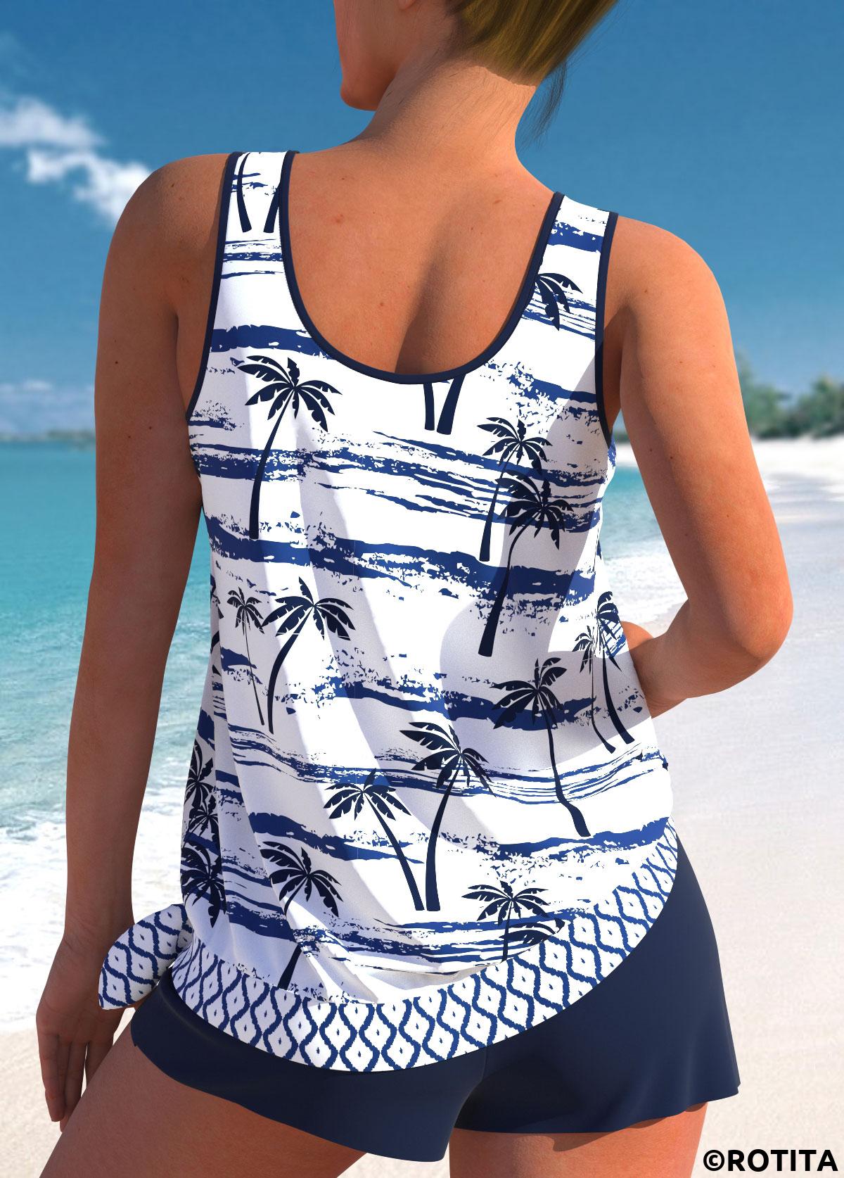 Navy swimwear,Plants swimwear,Geometric swimwear,ROTITA Patchwork Navy Tropical Plants Print Tankini Set