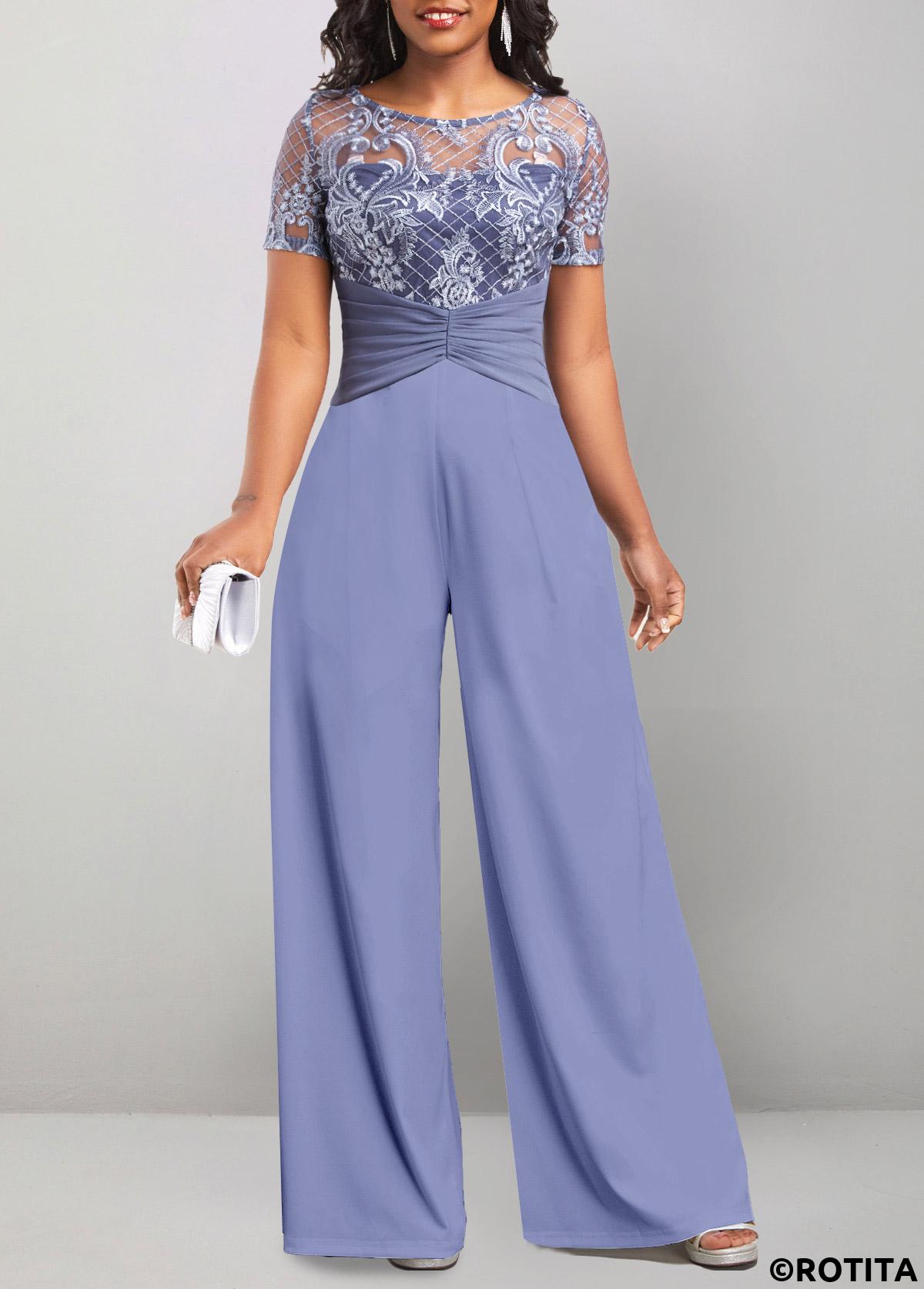 Dusty Blue jumpsuits&rompers,Plain Color jumpsuits&rompers,ROTITA Lace Dusty Blue Long Round Neck Jumpsuit