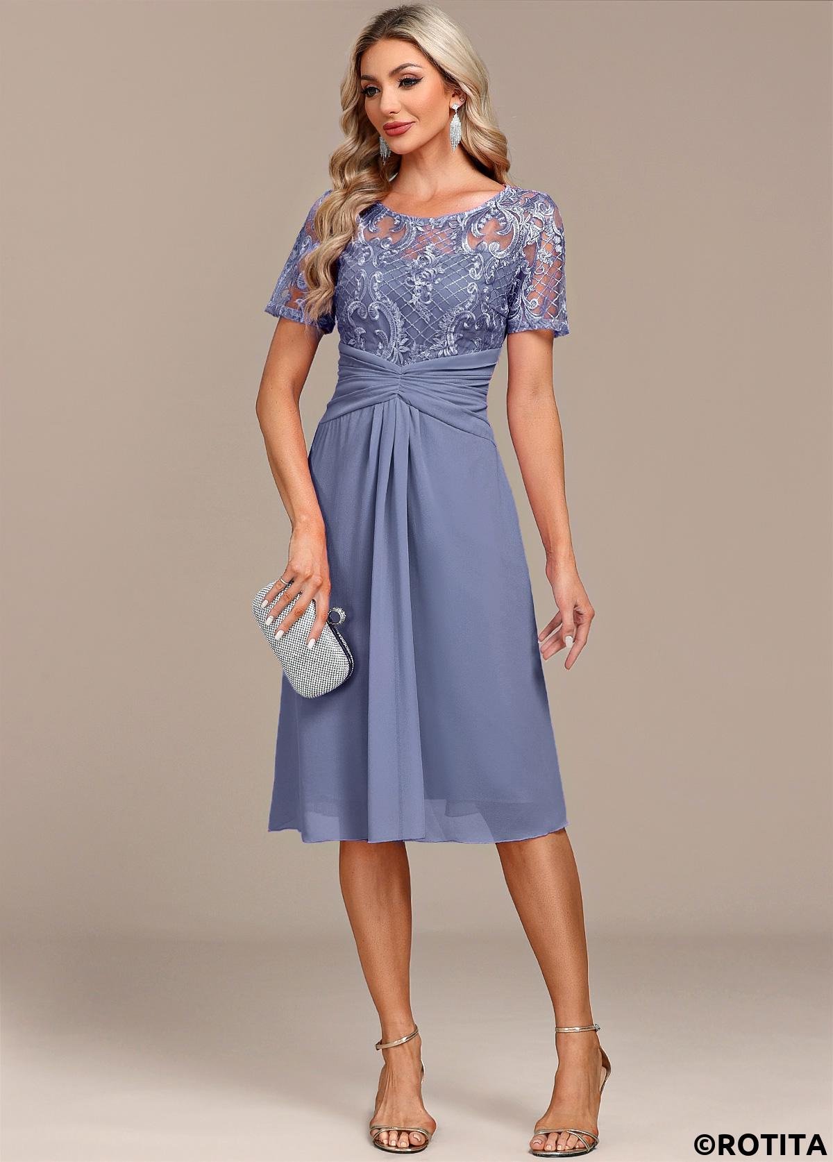 Dusty Blue plus size,Plain Color plus size,ROTITA Plus Size Lace Dusty Blue H Shape Dress
