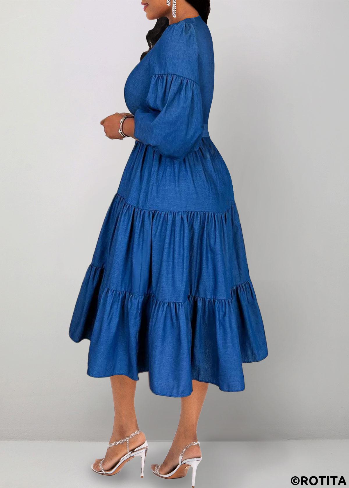 Denim Blue dresses,Plain Color dresses,Party dresses,Elegant dresses,ROTITA Ruched Denim Blue Belted Round Neck Dress