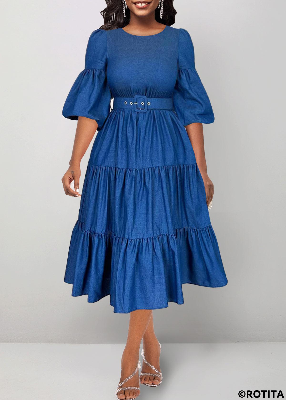 Denim Blue dresses,Plain Color dresses,Party dresses,Elegant dresses,ROTITA Ruched Denim Blue Belted Round Neck Dress