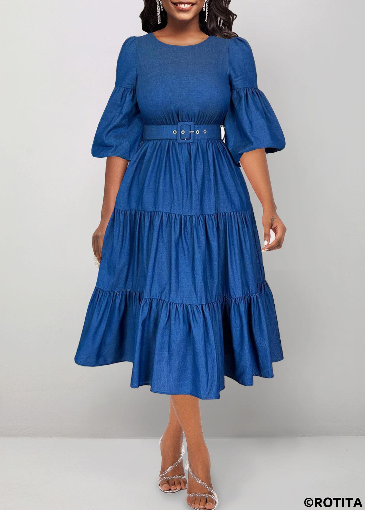 Denim Blue dresses,Plain Color dresses,Party dresses,Elegant dresses,ROTITA Ruched Denim Blue Belted Round Neck Dress
