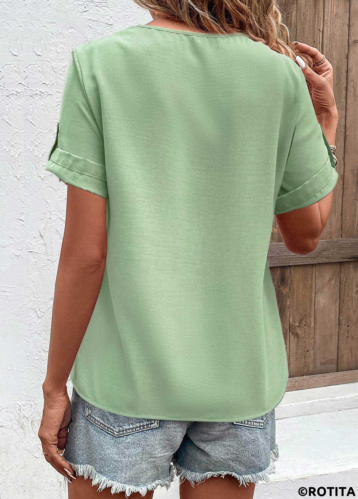 Green tops,Plain Color tops,ROTITA Button Green V Neck Short Sleeve T Shirt