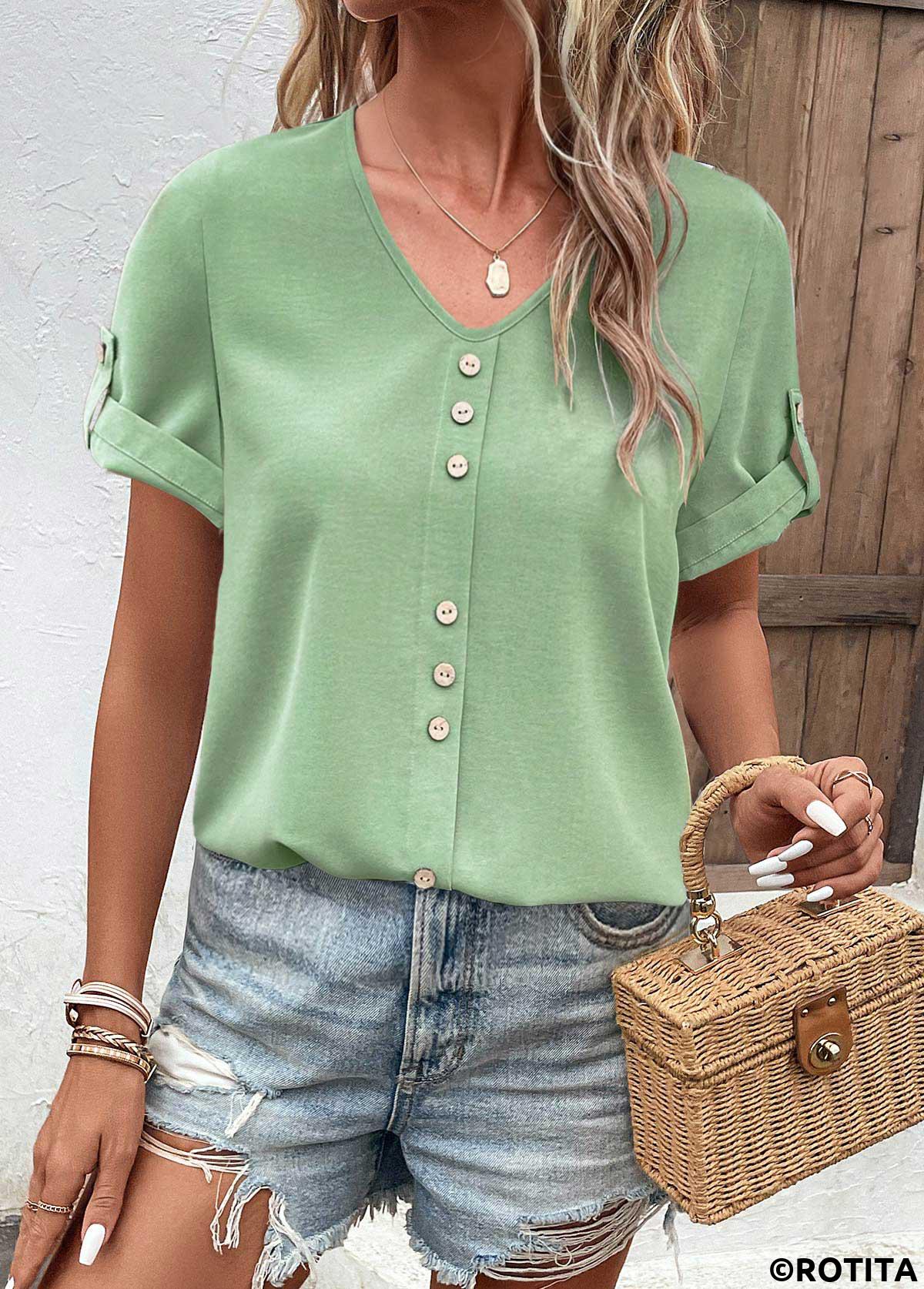 Green tops,Plain Color tops,ROTITA Button Green V Neck Short Sleeve T Shirt