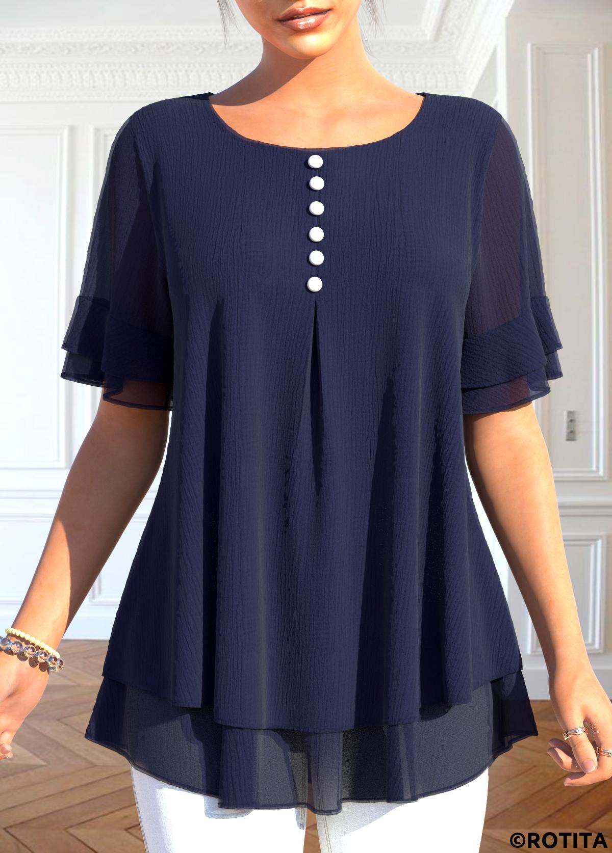 Navy tops,Plain Color tops,ROTITA Layered Navy Round Neck Fake Two Piece Twinset