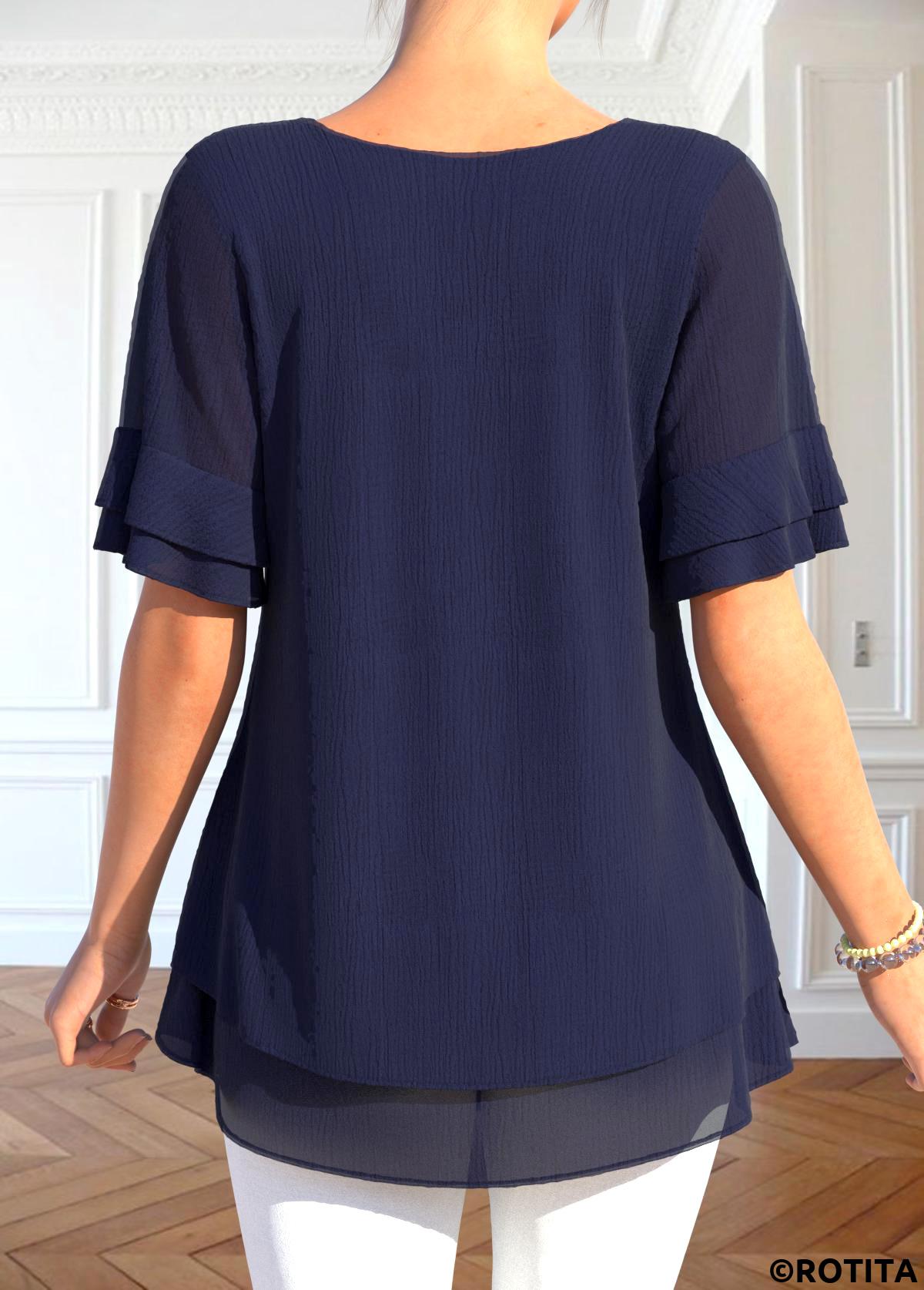 Navy tops,Plain Color tops,ROTITA Layered Navy Round Neck Fake Two Piece Twinset