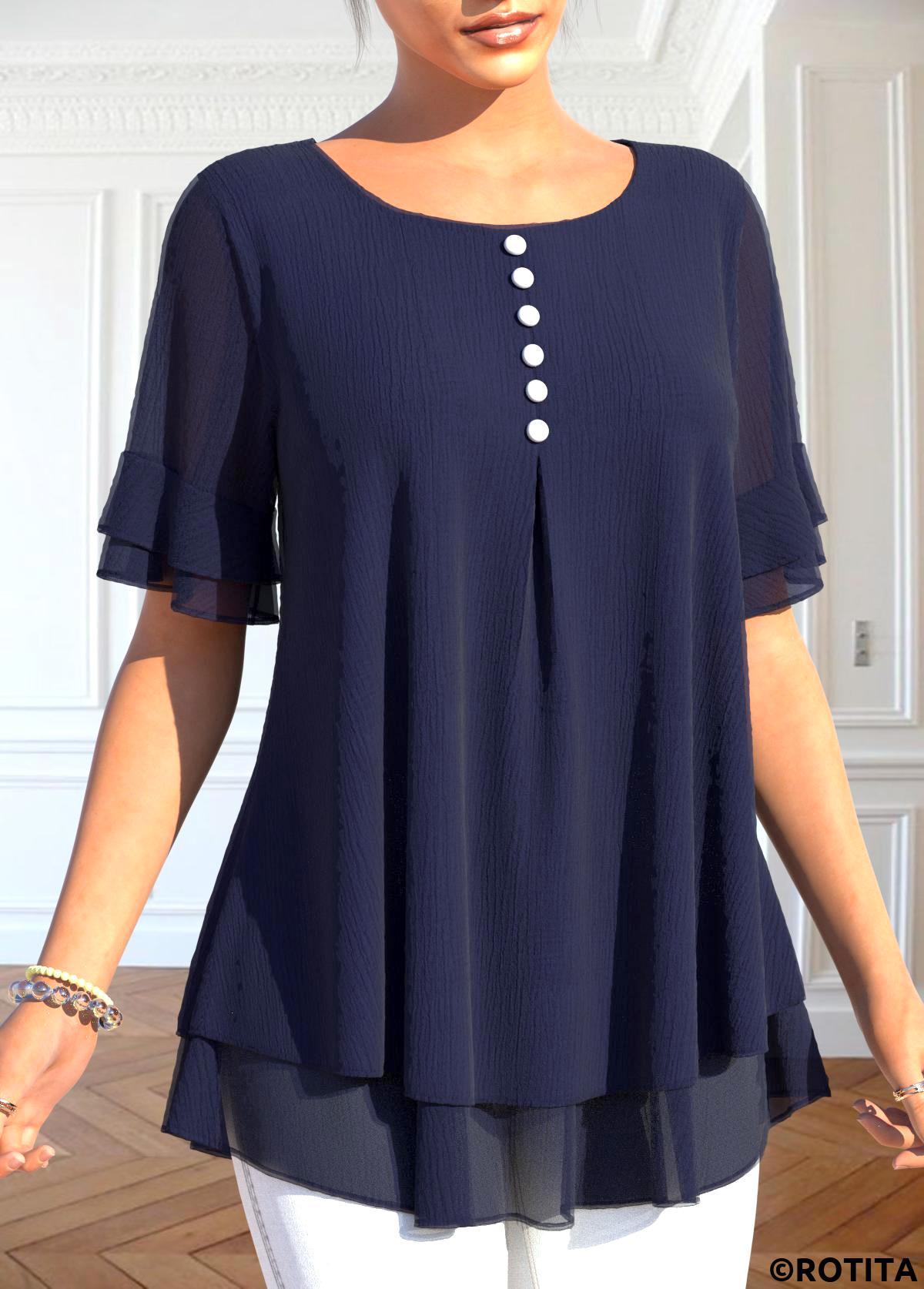 Navy tops,Plain Color tops,ROTITA Layered Navy Round Neck Fake Two Piece Twinset