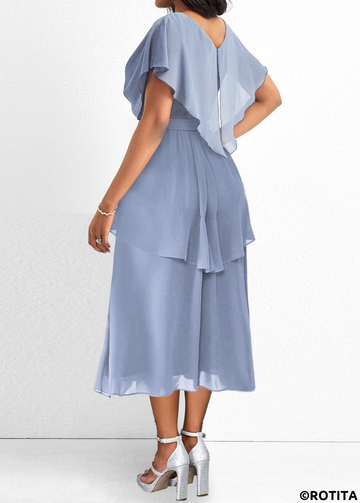 Dusty Blue dresses,Plain Color dresses,Party dresses,Elegant dresses,ROTITA Asymmetry Dusty Blue V Neck Short Sleeve Dress