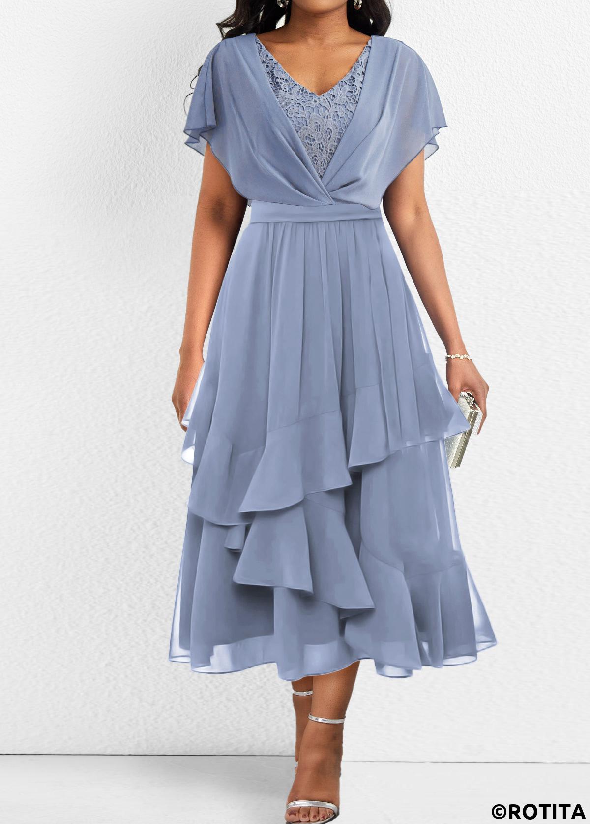 Dusty Blue dresses,Plain Color dresses,Party dresses,Elegant dresses,ROTITA Asymmetry Dusty Blue V Neck Short Sleeve Dress