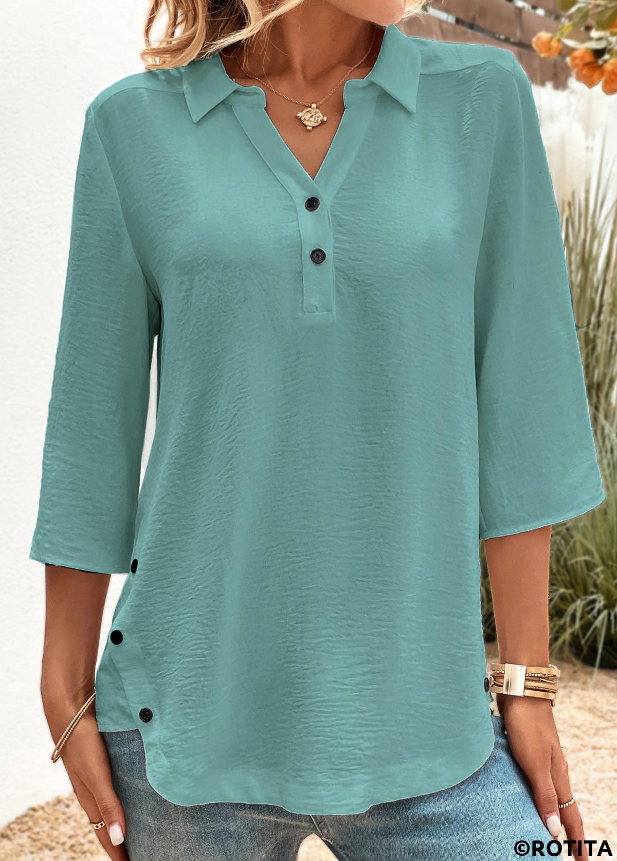 Peacock Blue tops,Plain Color tops,ROTITA Button Peacock Blue Shirt Collar 3/4 Sleeve Blouse