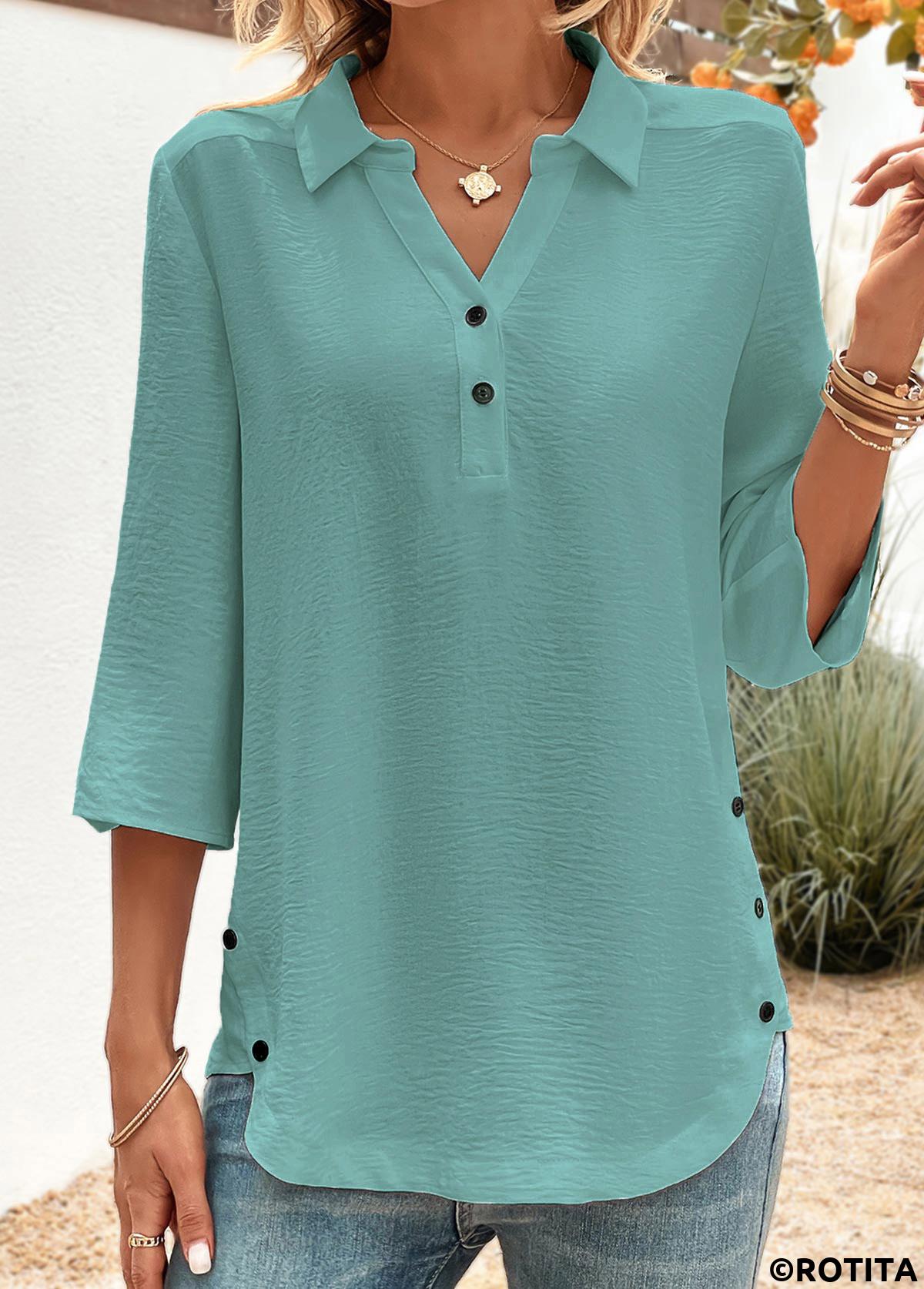 Peacock Blue tops,Plain Color tops,ROTITA Button Peacock Blue Shirt Collar 3/4 Sleeve Blouse