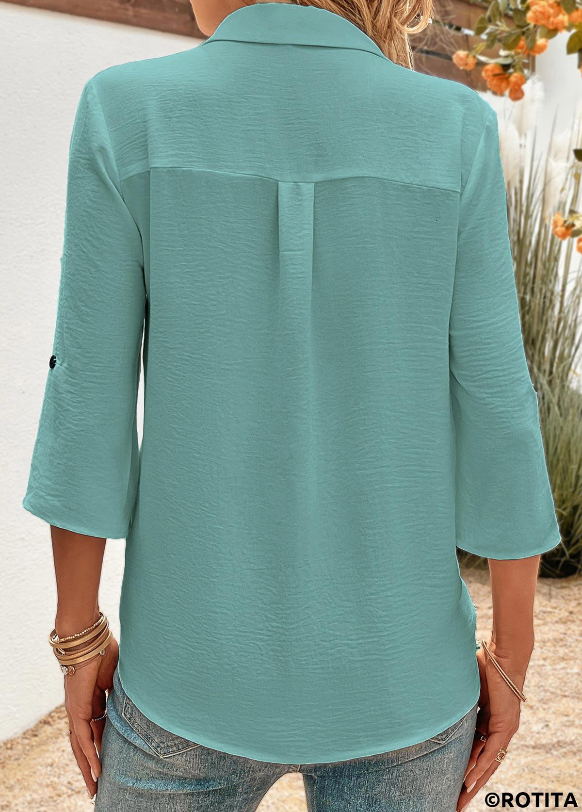 Peacock Blue tops,Plain Color tops,ROTITA Button Peacock Blue Shirt Collar 3/4 Sleeve Blouse