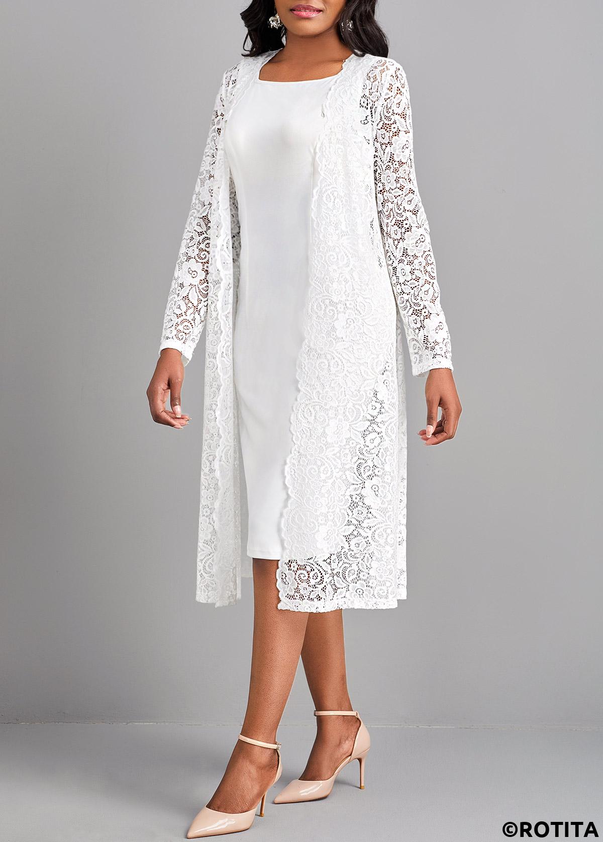 White dresses,Plain Color dresses,Party dresses,Elegant dresses,ROTITA Lace White Two Piece Suit Square Neck Dress