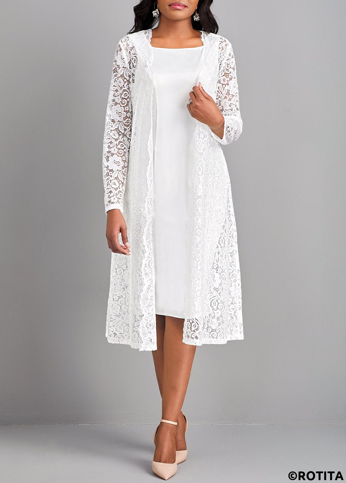 White dresses,Plain Color dresses,Party dresses,Elegant dresses,ROTITA Lace White Two Piece Suit Square Neck Dress