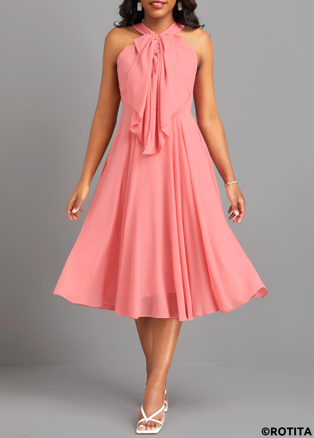 Dusty Pink dresses,Plain Color dresses,Everyday dresses,Casual dresses,ROTITA Bowknot Dusty Pink V Neck Sleeveless Dress