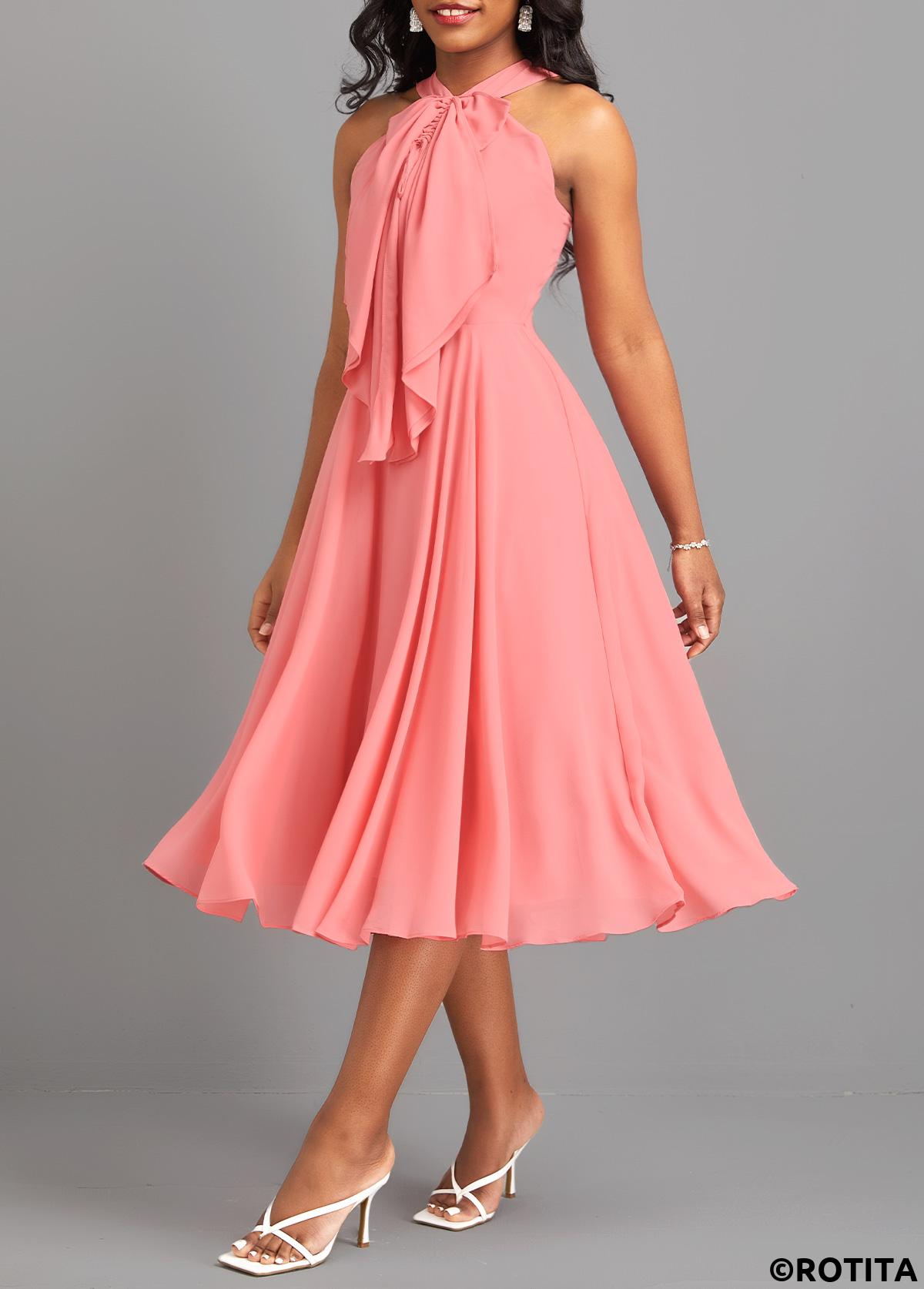 Dusty Pink dresses,Plain Color dresses,Everyday dresses,Casual dresses,ROTITA Bowknot Dusty Pink V Neck Sleeveless Dress