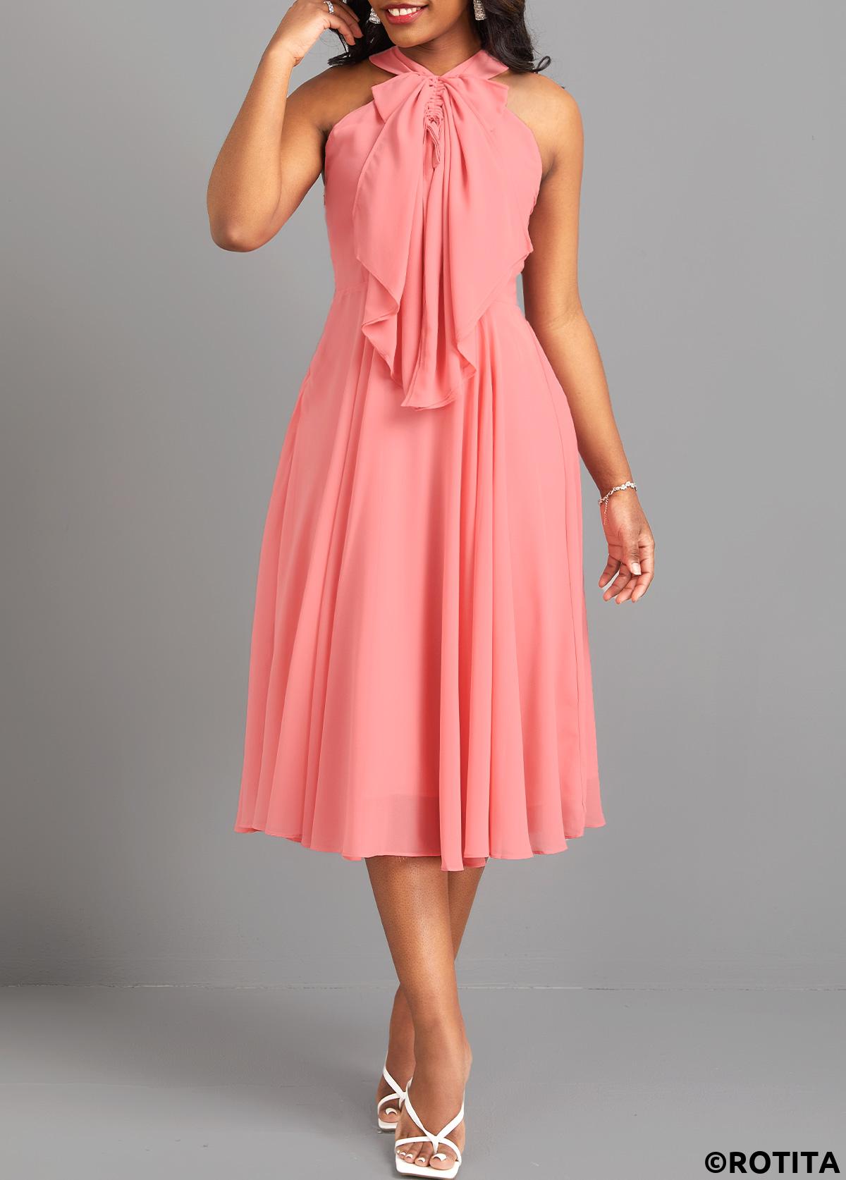 Dusty Pink dresses,Plain Color dresses,Everyday dresses,Casual dresses,ROTITA Bowknot Dusty Pink V Neck Sleeveless Dress