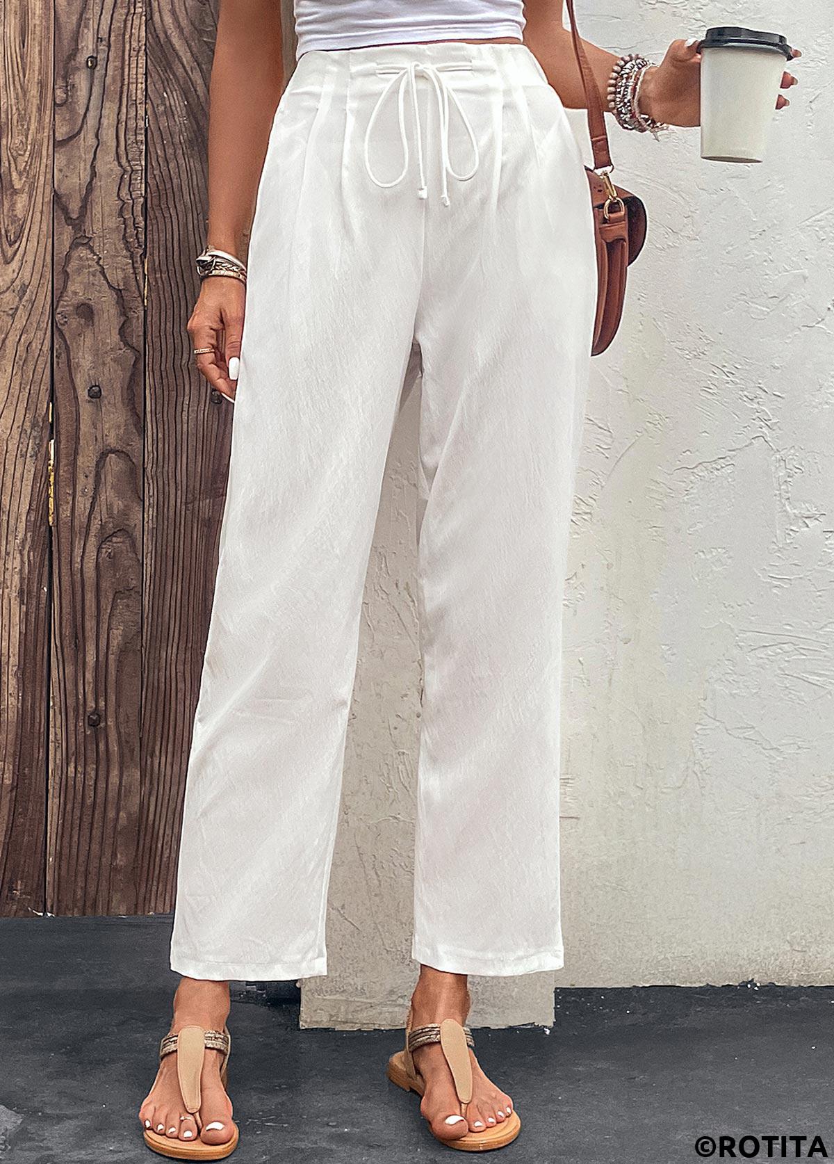 White bottoms,Plain Color bottoms,Pocket White Drawastring High Waisted Pants
