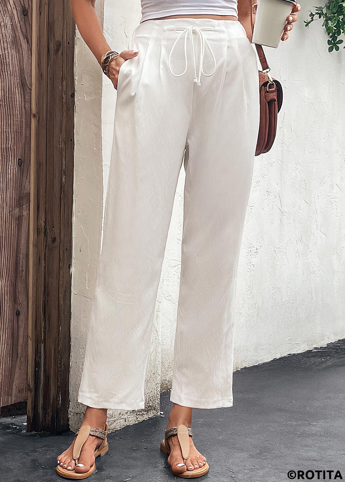 White bottoms,Plain Color bottoms,Pocket White Drawastring High Waisted Pants