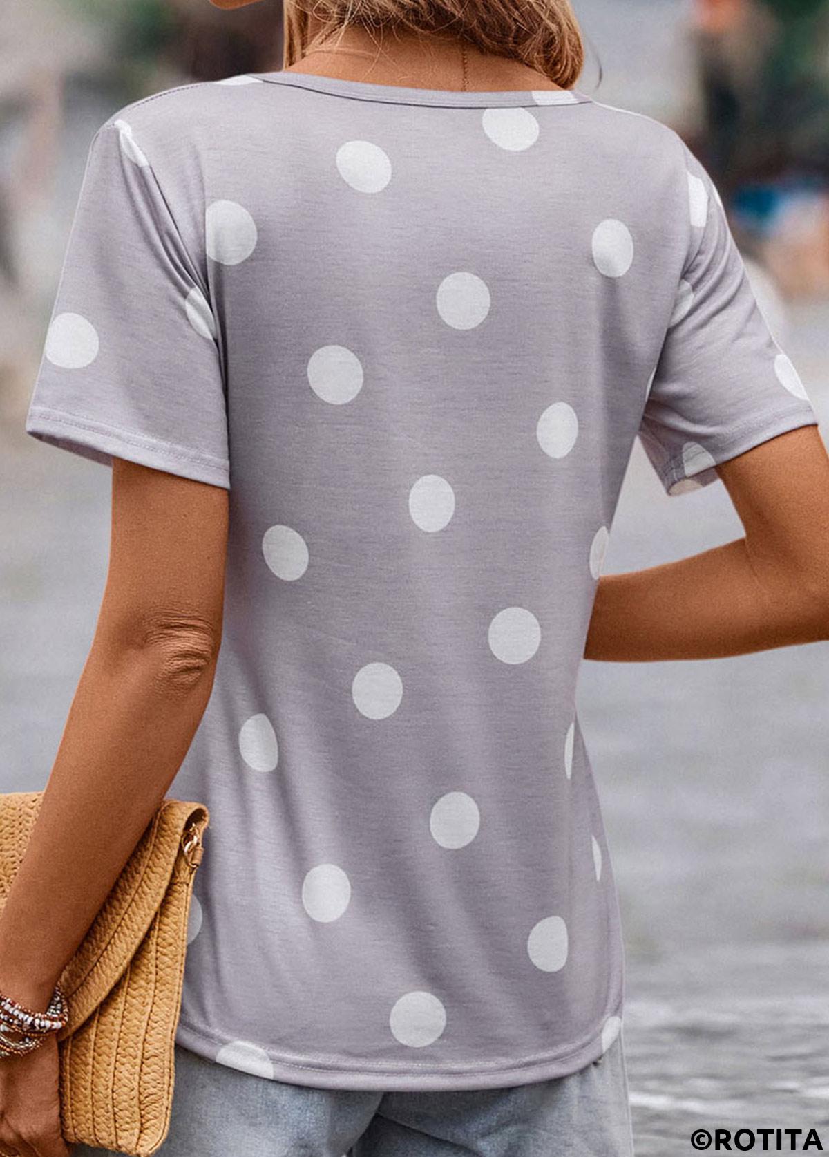 Grey tops,Dot tops,Lightweight Polka Dot Grey V Neck T Shirt