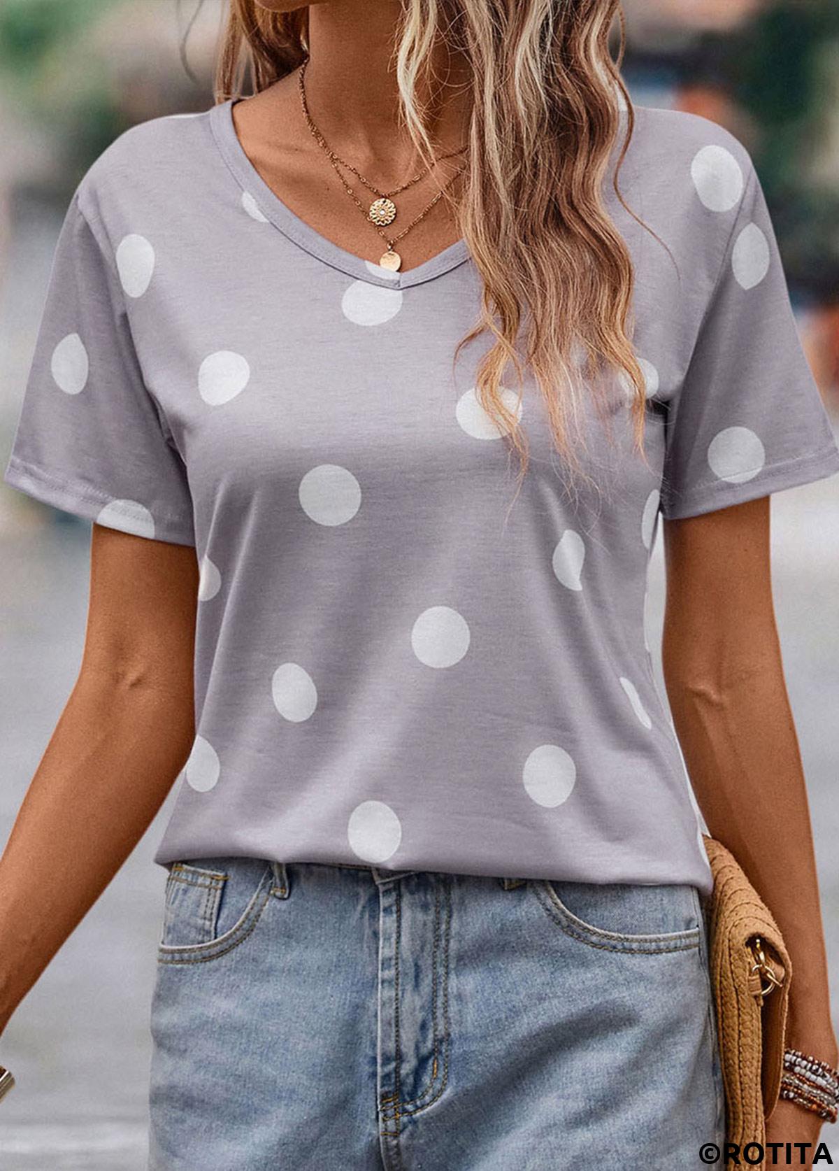 Grey tops,Dot tops,Lightweight Polka Dot Grey V Neck T Shirt